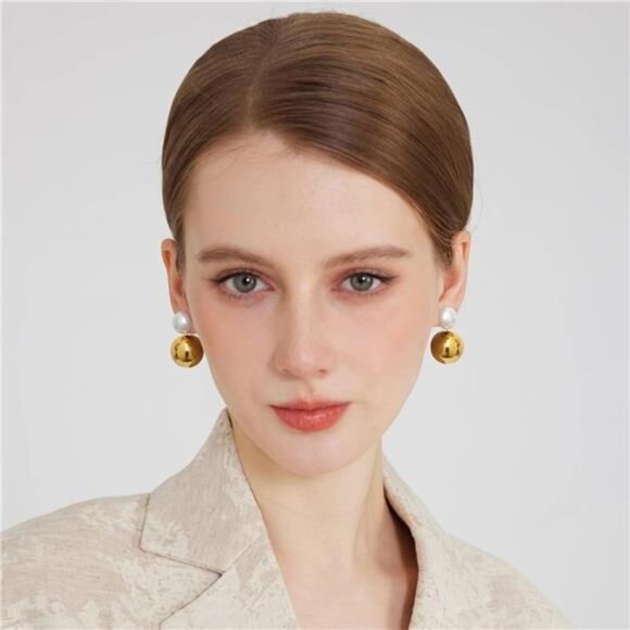 18K Gold-Plated Classic Pearl Drop Earrings – Semi-Round Studs & Ball Dangles - Picture 7 of 7